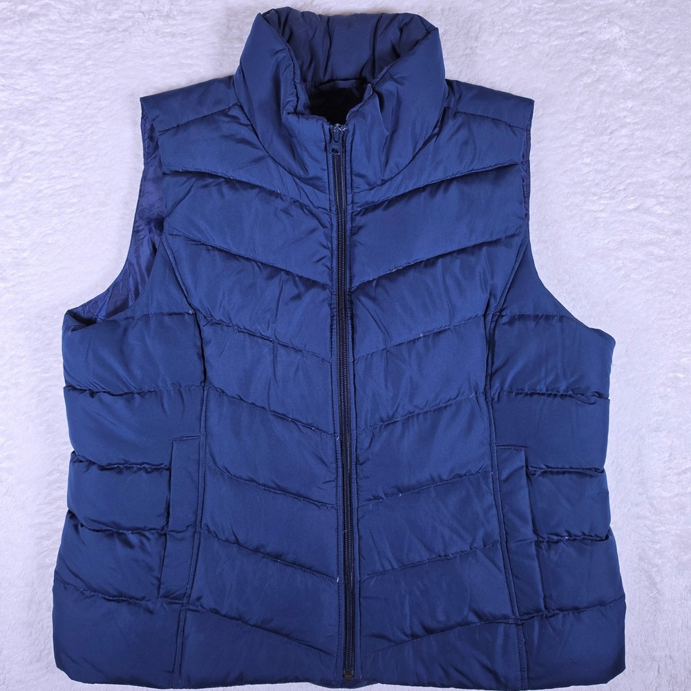 Lands' End Puffer Vest Womens L/P 14-16 Navy Blue Chevron Quilted Down 512665